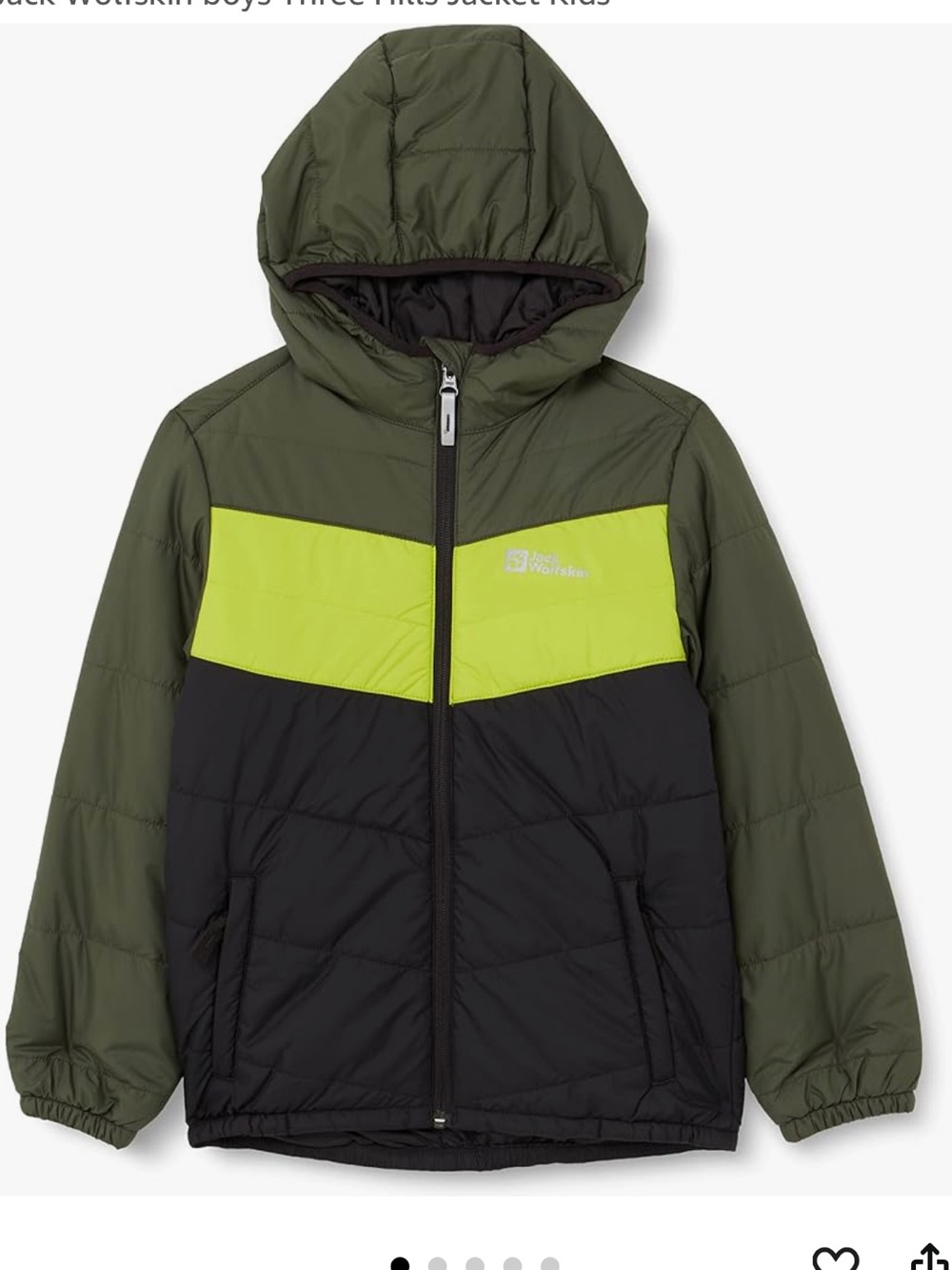 Jack Wolfskin Boys' Hooded Puffer Coat- Olive, Lime, Black Size 5/6